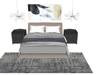 现代风格双人床 法式风格 北欧简约风双人床 单人床 床组合 枕头床单被子 台灯 床头柜 地毯 落地灯挂画配套